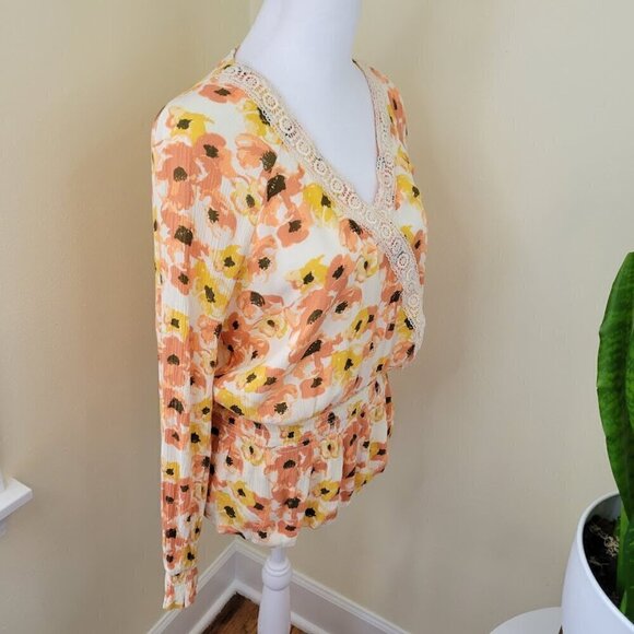 Downeast Blouse Long Sleeve Ivory Orange Yellow Floral Boho Shirt Womens Size L - Picture 5 of 9